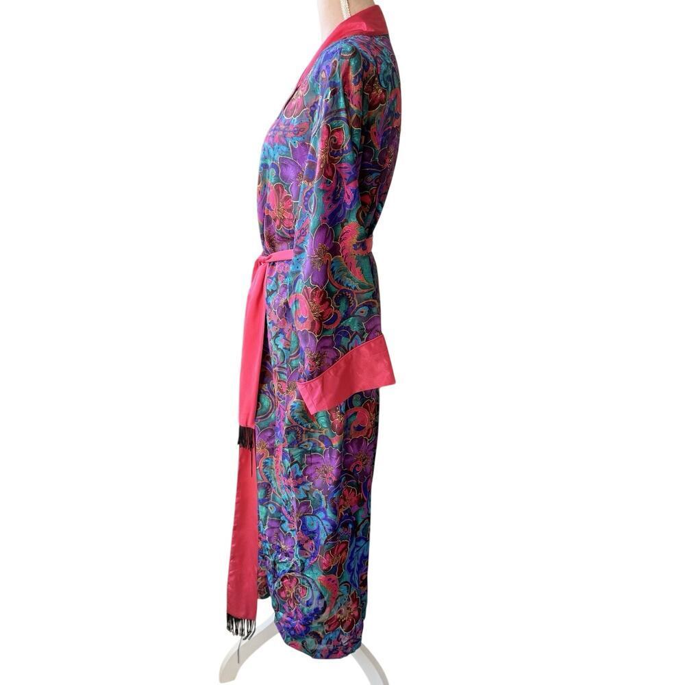 Vtg Victorias Secret Gold Label Paisley Long Robe Pink Satin Trim Fringe Glam S - Picture 6 of 15